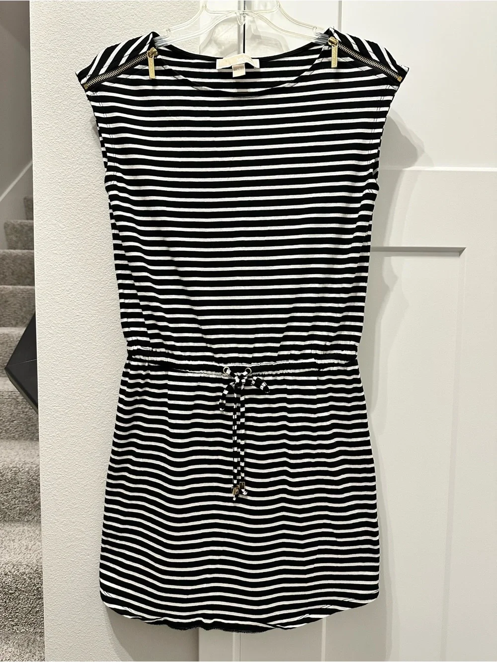 Michael Kors Black and White Striped Drawstring Mini Dress XS